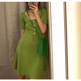 Square-neck Short-sleeve A-line Knit Dress Green - One Size