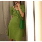 Square-neck Short-sleeve A-line Knit Dress Green - One Size