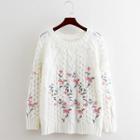 Floral Embroidered Cable Knit Sweater White - One Size