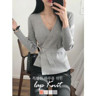 Belted Rib-knit Wrap Top