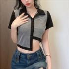 Two-tone Collared Asymmetrical Cropped T-shirt