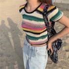 Striped Short-sleeve Knit Cropped Top Multicolor - One Size