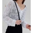 Drawstring-front Perforated Crop Knit Top