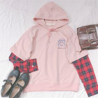 Cartoon Embroidered Plaid-sleeve Hoodie
