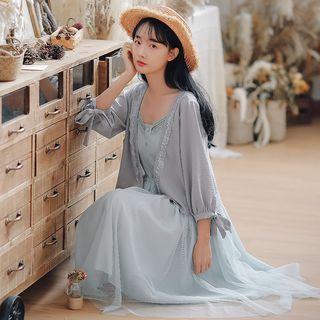 Lace Up 3/4-sleeve Open Front Chiffon Jacket