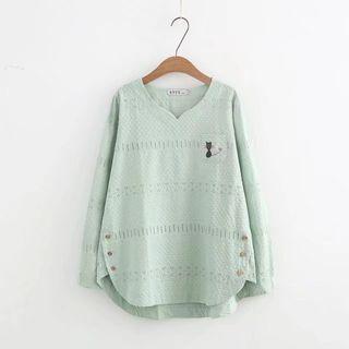 Cat Embroidered Long Sleeve Top