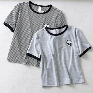 Alien Embroidered Striped Short-sleeve T-shirt