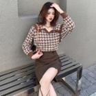 Houndstooth Sweater / High Waist Plain A-line Skirt