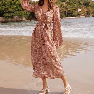 Print V-neck Long-sleeve Maxi A-line Dress