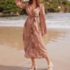Print V-neck Long-sleeve Maxi A-line Dress