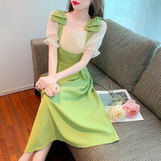Short-sleeve Square-neck Mock Two Piece Midi A-line Dress