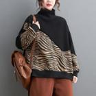 High-neck Leopard Print Panel Sweatshirt Black - One Size