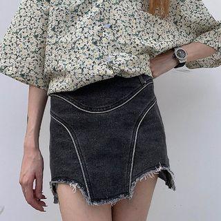 Reflective Trim Asymmetric Hem Denim Skirt