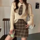 Cable Knit Sweater / Plaid Tie / Mini A-line Skirt