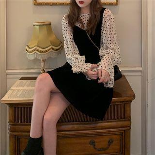 Dotted Blouse / Plain Mini A-line Overall Dress