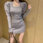 Puff-sleeve Knit Mini Dress