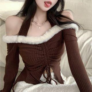 Cold-shoulder Fluffy Trim Knit Top Brown - One Size