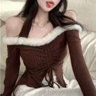 Cold-shoulder Fluffy Trim Knit Top Brown - One Size