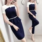 Pinstriped Short-sleeve Peplum Top / Pencil Skirt / Crop Dress Pants / Set