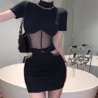 Short-sleeve Mesh-panel Top / Cutout Pencil Skirt