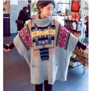 Patterned Turtleneck Poncho