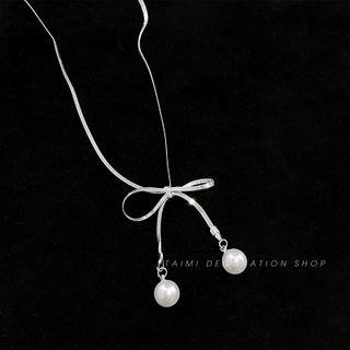 Bow Faux Pearl Pendant Alloy Choker Silver - One Size