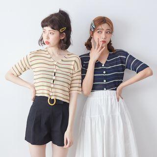 Short-sleeve Striped Cropped Cardigan