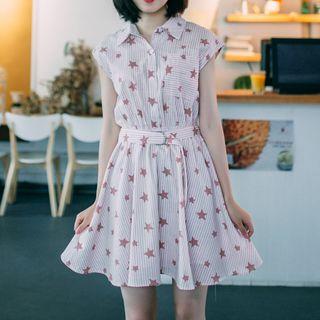 Star Print Striped Cap Sleeve Shirt Dress