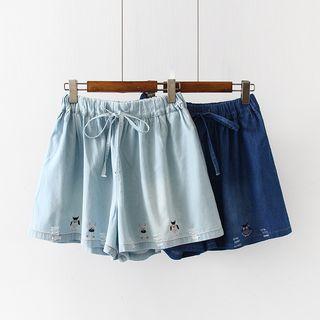 Owl Embroidered Drawstring Denim Shorts