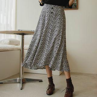 Button-detail Floral Long Flare Skirt