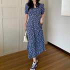 Puff-sleeve V-neck Floral Print Midi Dress Blue - One Size