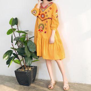 3/4-sleeve Embroidered Tunic Dress