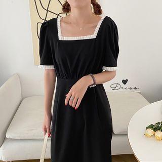 Contrast Trim Square-neck Short-sleeve Midi A-line Dress