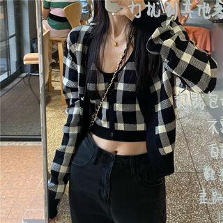 Plaid V-neck Tank Top / Long-sleeve Plaid Knit Cardigan