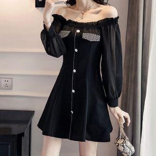 Contrast Color Long-sleeve Rhinestone Mini A-line Dress