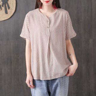 Short-sleeve Striped Linen Blouse