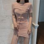 Short-sleeve Drawstring Mini Bodycon Dress