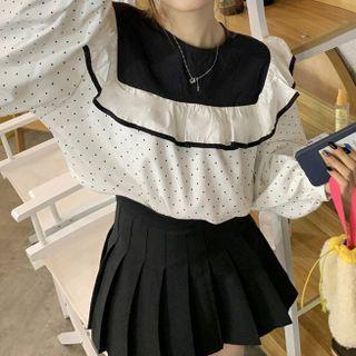 Puff-sleeve Ruffled Dotted Blouse White - One Size