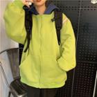 Color Block Hooded Zip Jacket Green - One Size