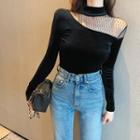 Long-sleeve Mock Neck Mesh Panel Velvet T-shirt