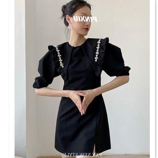 Short-sleeve Rhinestone Frill Trim Mini Sheath Dress