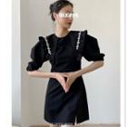 Short-sleeve Rhinestone Frill Trim Mini Sheath Dress