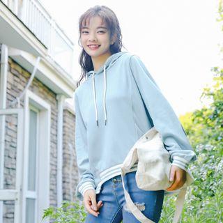 Striped Trim Hoodie Grayish Blue - One Size