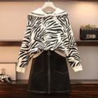 Zebra Print Collared Sweater / Mini A-line Skirt / Set
