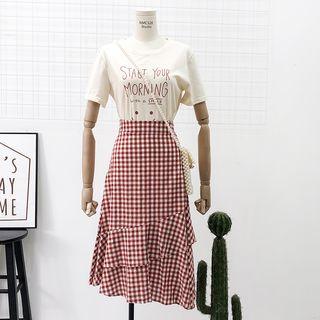 Set: Printed T-shirt + Ruffled-trim Checked A-line Skirt