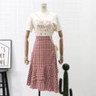 Set: Printed T-shirt + Ruffled-trim Checked A-line Skirt