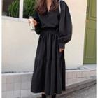 V-neck Lantern-sleeve Midi A-line Dress Black - One Size