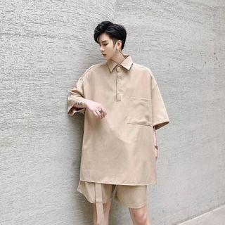 Plain Pocket Button-up Oversize Top / High-waist Plain Shorts