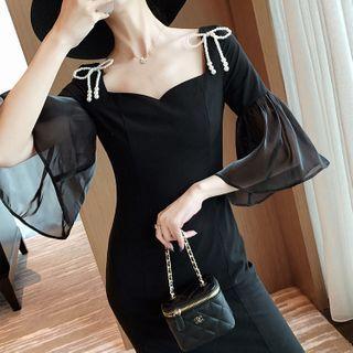 Bell-sleeve Faux Pearl Bow Midi A-line Dress