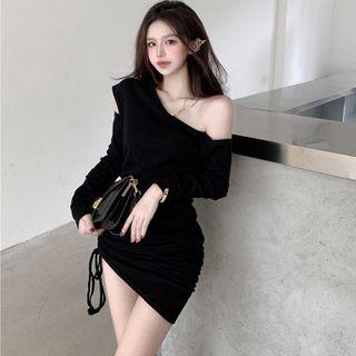 One-shoulder Drawstring Mini Bodycon Dress Black - One Size